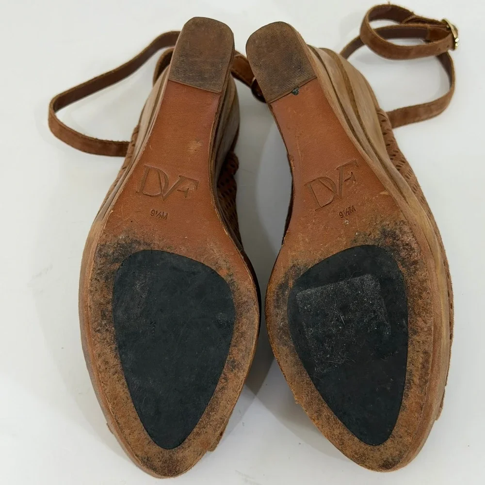 Diane von Furstenberg DVF Wedge Sandals 9.5M Brown Suede Perforated Wood Heel
